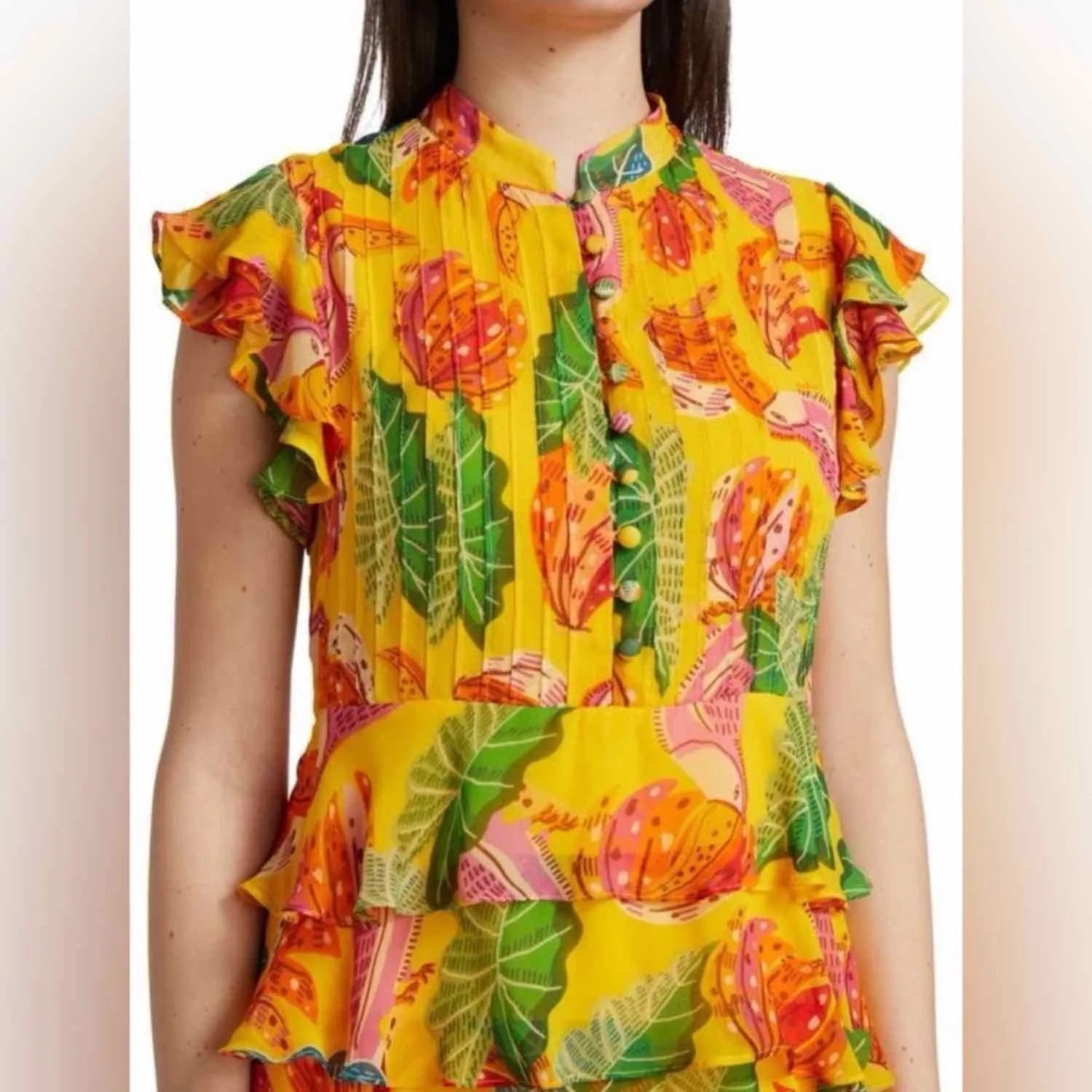 FARM RIO Beaks & Bananas Ruffle Flowy Casual Summer Mini Dress Small - Image 10