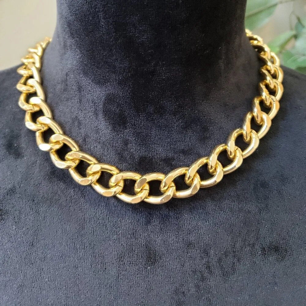 Women Gold Tone Curb Link Collar Chain Chunky Necklace with Lobster Clasp - Image 2