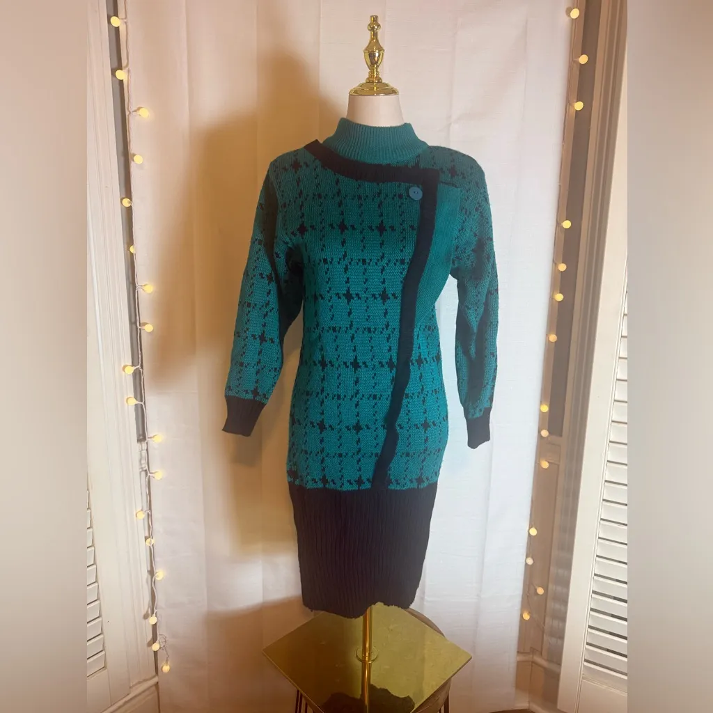 Milano Vintage Knit Sweater Dress Teal Black Asymmetrical Button M 80s 90s Blue Size M - Image 6