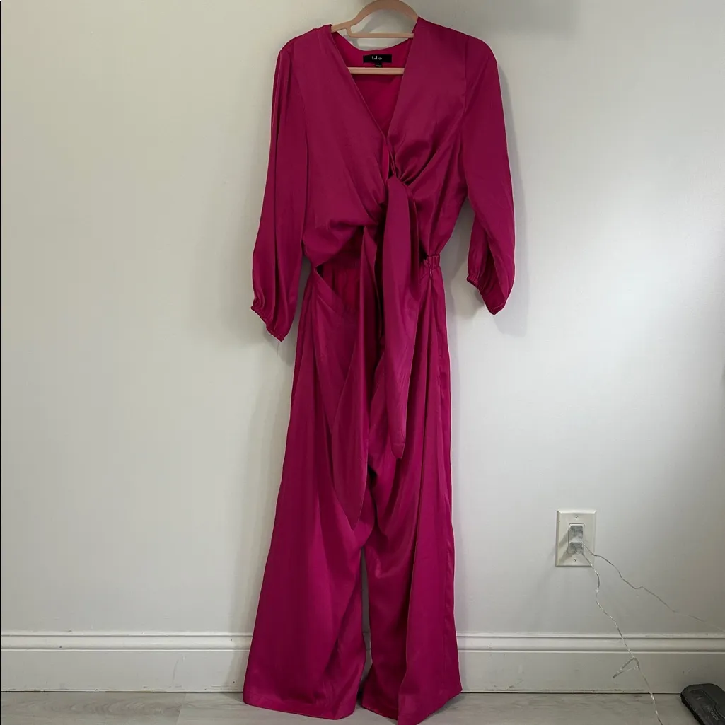 Lulus Trendsetting Direction Magenta Satin Tie Front Wide Leg Jumpsuit - Image 4