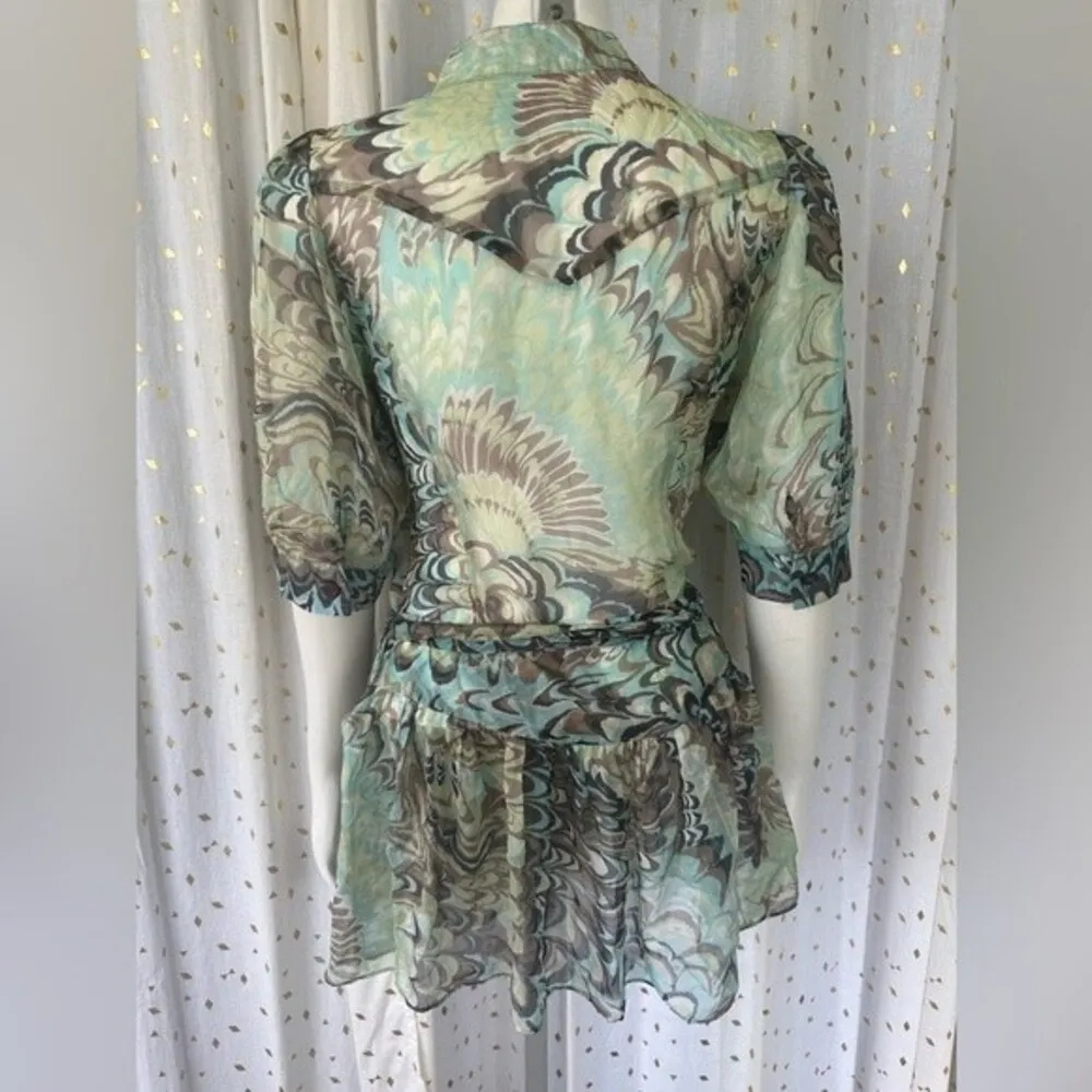 Sugar Lips Women's Sheer Swirly Watercolor Artsy Art Deco Retro Blouse Top XS - Image 3