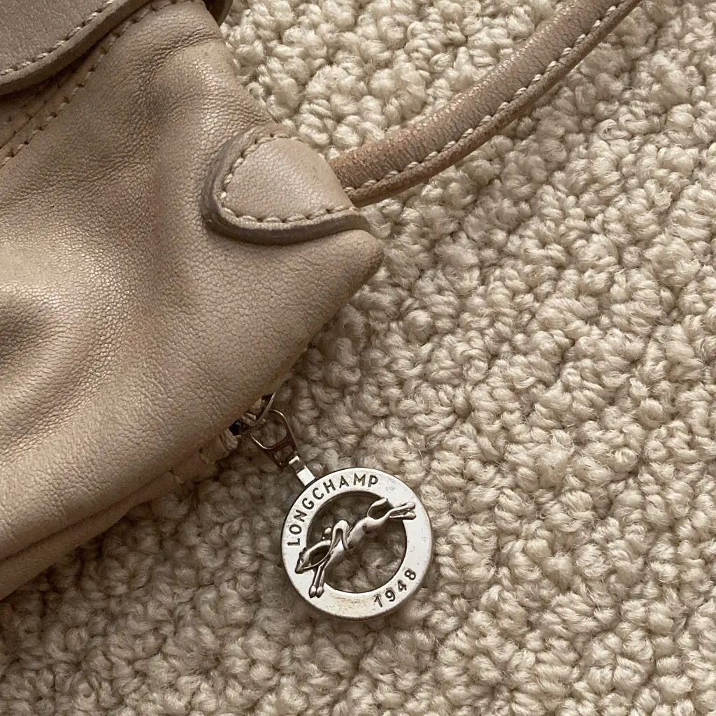 Longchamp Le Pliage Beige Leather Mini Crossbody Handbag Genuine Leather GUC - Image 5