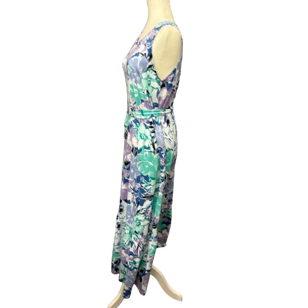 Cuddl Duds Maxi Dress Flexwear Scoop-Neck Belt Blue Spring Floral Medium - Image 5