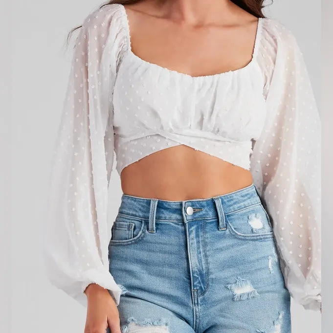 Windsor White Pearl Long Sleeve Breezy And Chic Sheer Crop Top - Image 3