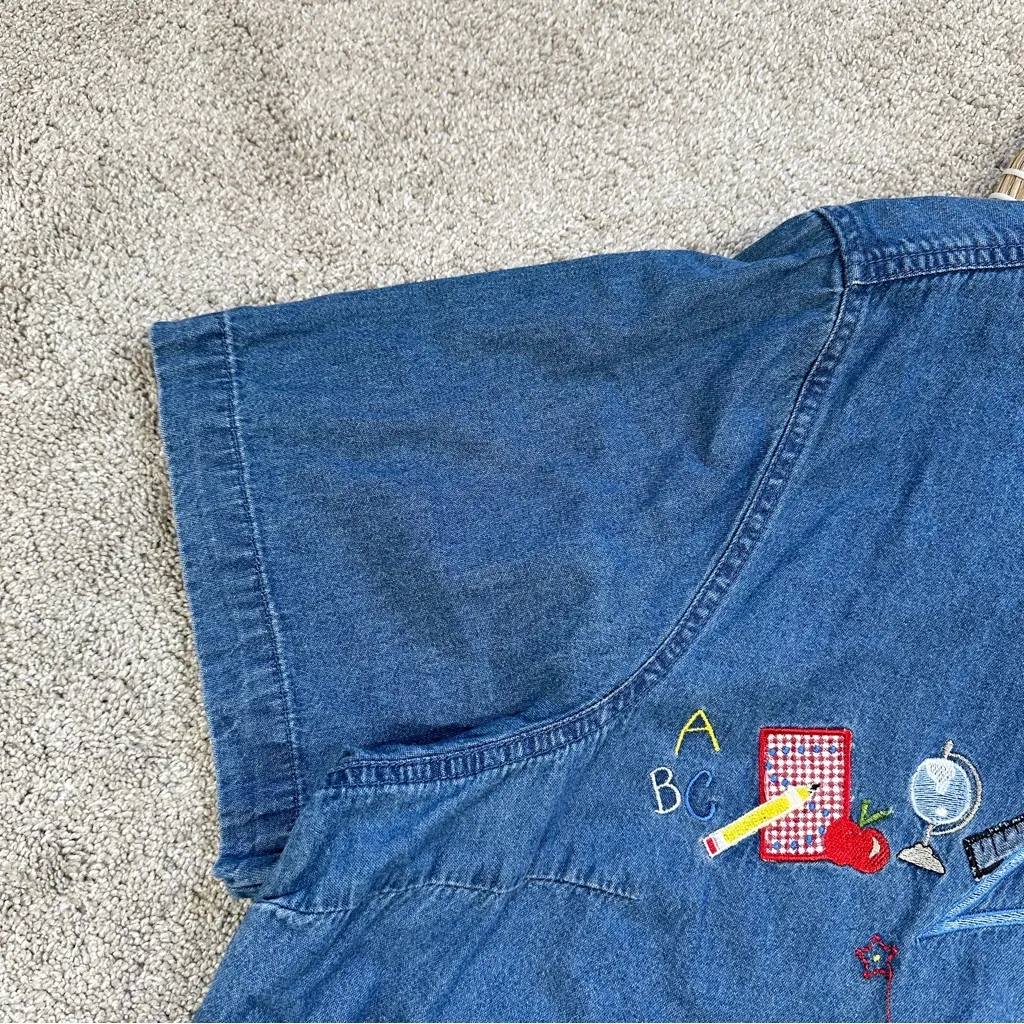 White Stag Vintage Denim Button Down Shirt Cherry School Embroidered 22W/24W - Image 4