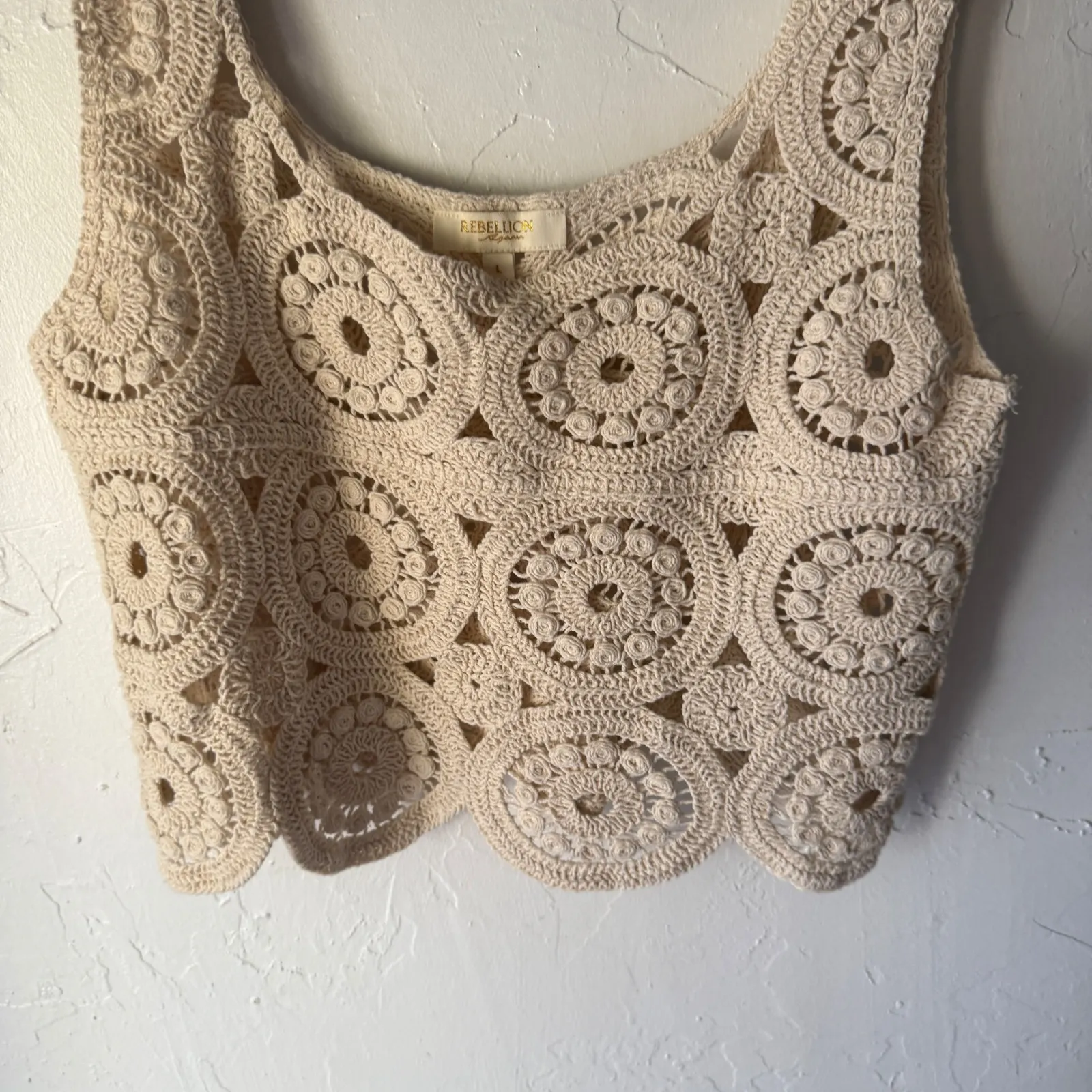 Rebellion Crochet Tank Top Cream Sleeveless Festival Boho‎ Women's L - Image 3