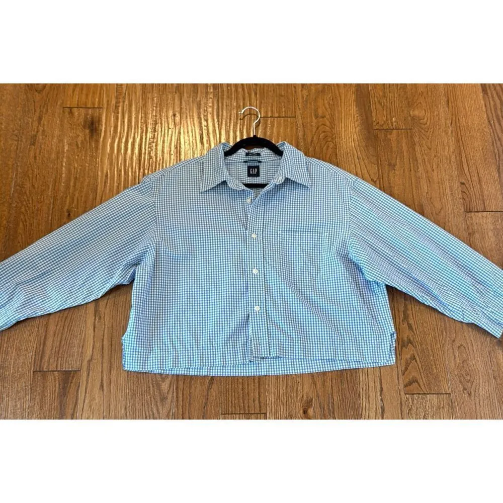 Gap oversized blue gingham cropped altered button down blouse large - Image 7