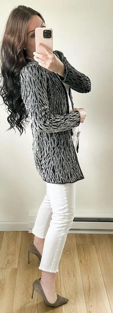 Vintage Black Silver Silk Sequin Cocktail Blazer sz P Small - Image 3