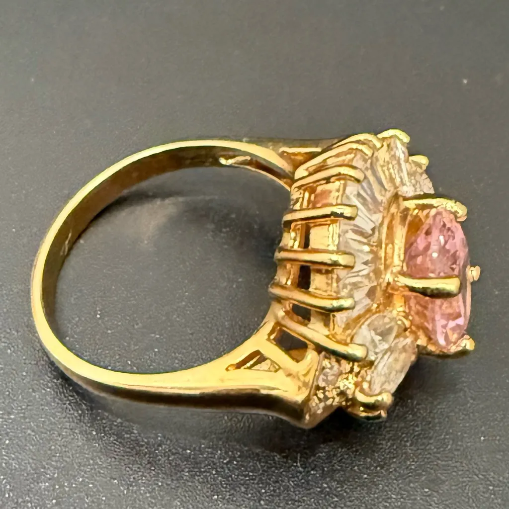 Vintage 925 Gold Over Sterling Pink Oval CZ Flower Cocktail Ring Size 8.5 7g. - Image 6