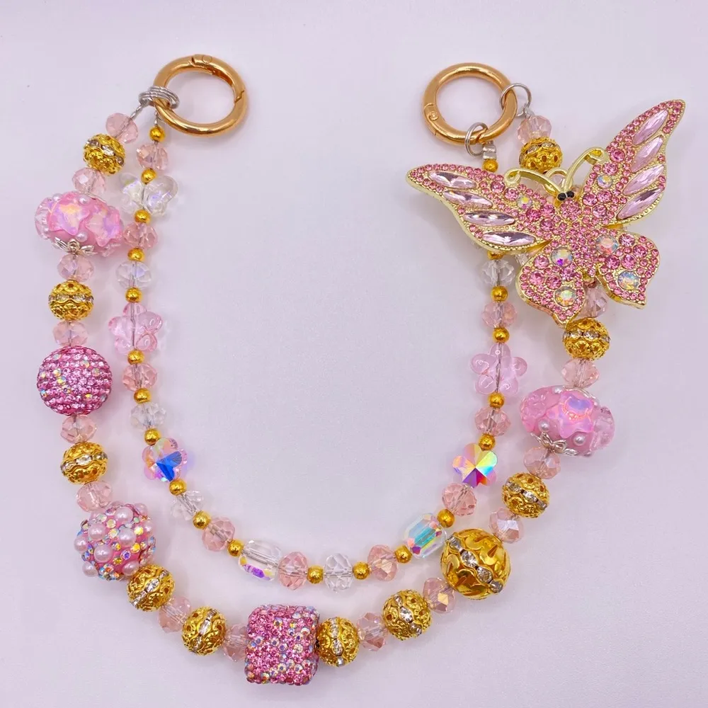 🩷 Luxury Bag/Phone Chain Charm/Keychain Pretty Light Pink Rhinestone Butterfly - Image 2