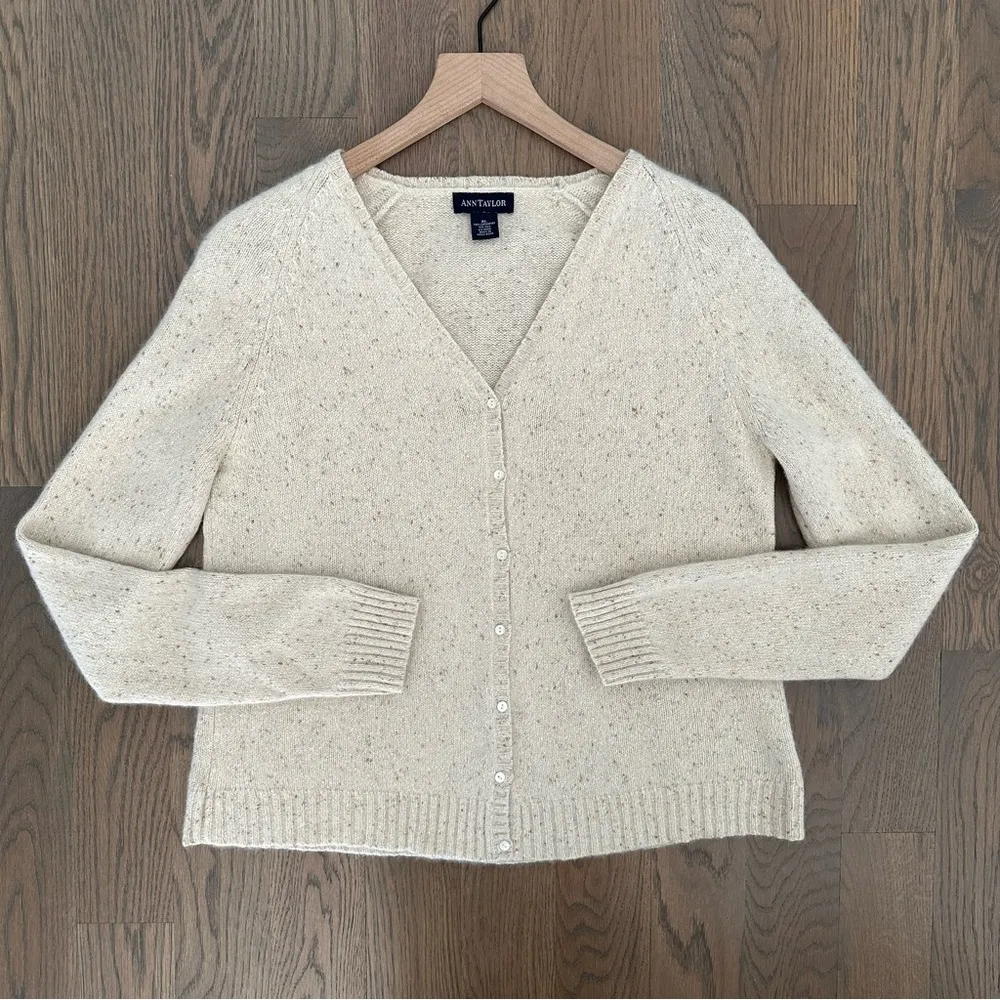 Vintage Ann Taylor Cashmere Silk Blend Melange V-Neck Cardigan in Cream Tan XL - Image 5