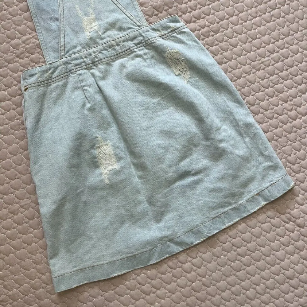 MSGM Denim Overall Jumper Dress Mini Women's Distressed Sz 36 Beaded 3D Flowers Blue - Image 10