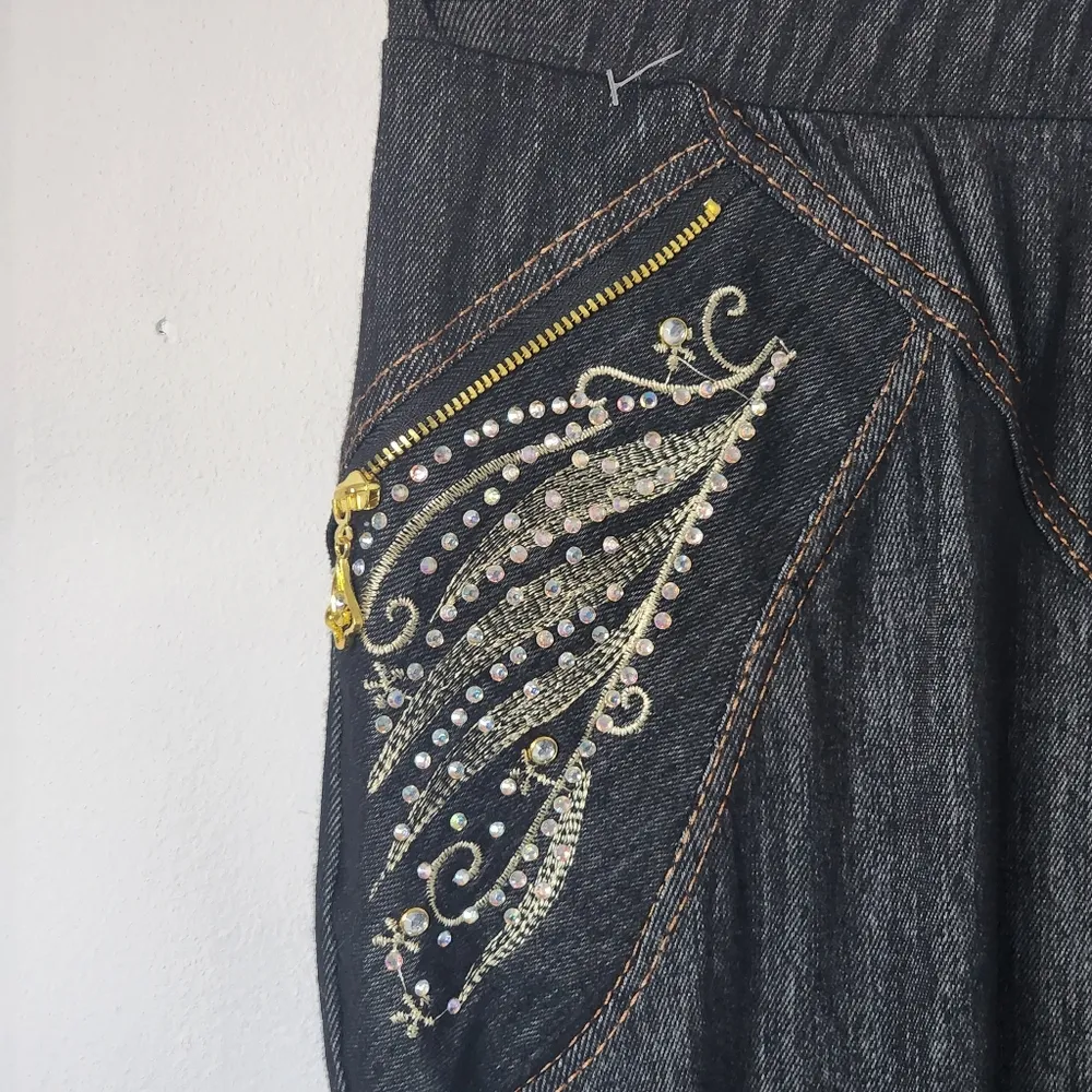 Stretch Dark Denim Leggings Jeans with Sequins Design Blue - Image 4