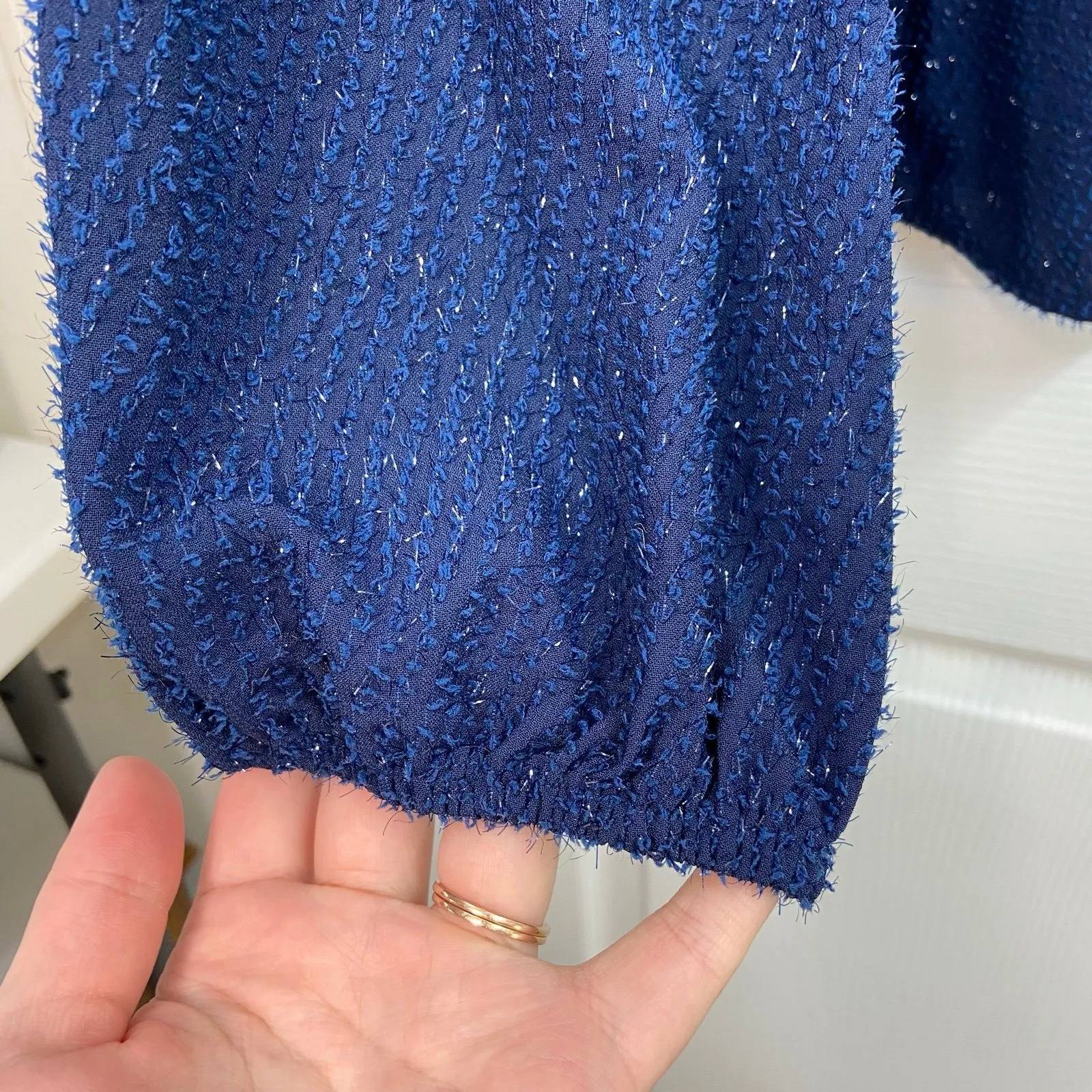 NEW Nine West blue shimmery textured twist high neck loose long sleeve blouse XL - Image 2