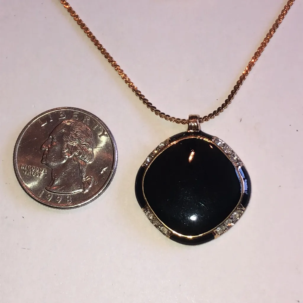 Angel Brand Signed Black Enamel Gold Tone Rhinestone Pendant Necklace - Image 3