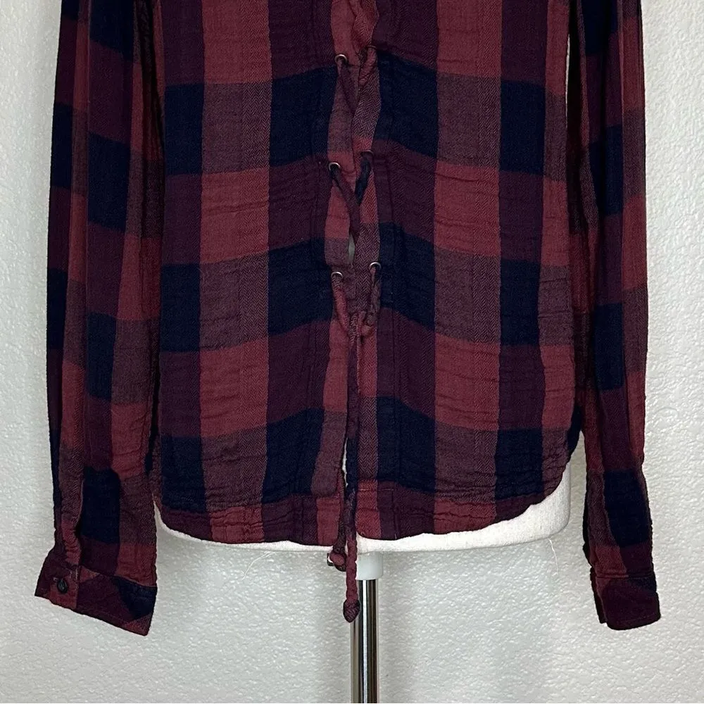 Anthropologie Cloth & Stone Gauze Plaid Lace Back Blouse Top, Sz Small - Image 9