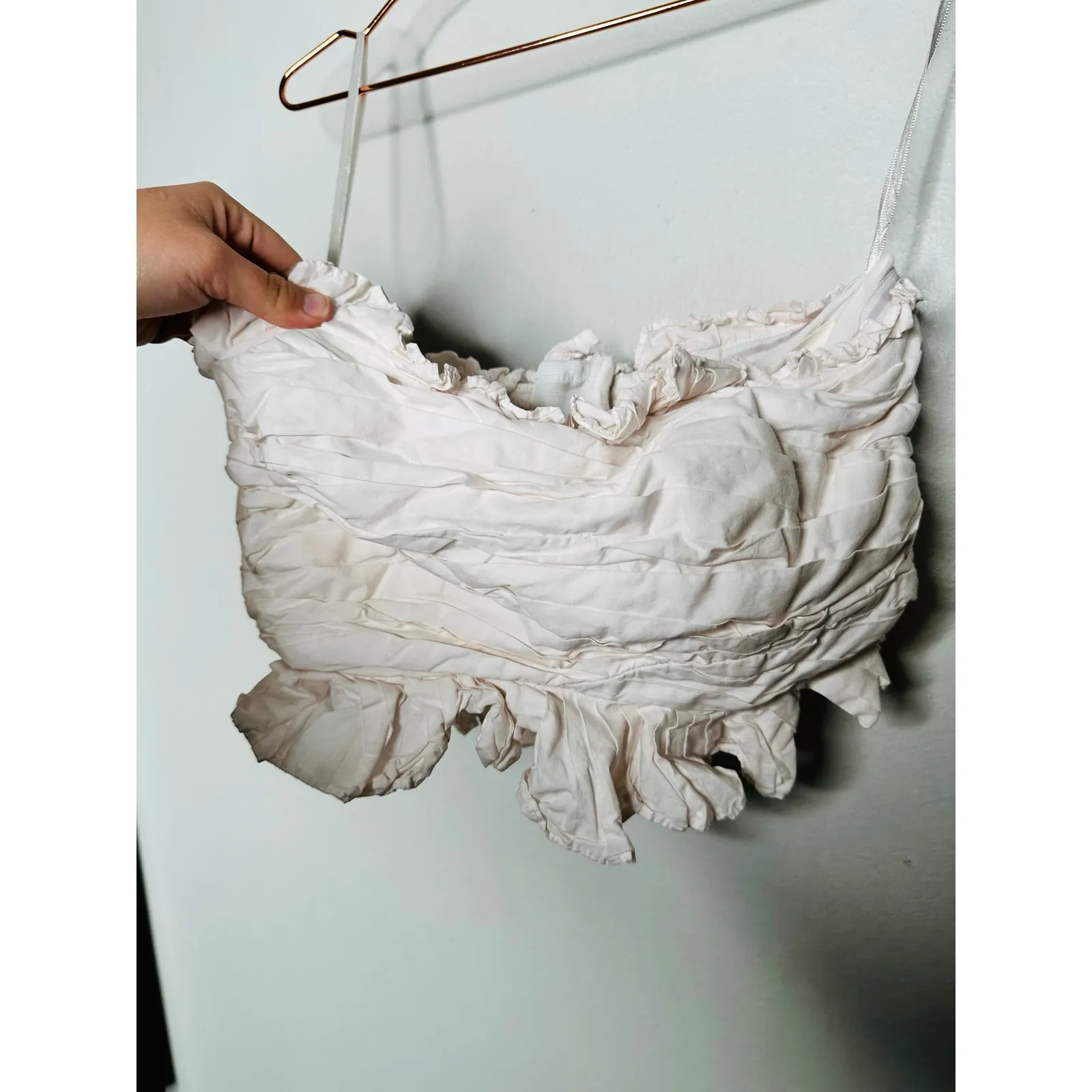 ANTHROPOLOGY Beige White Crop Ruched Zip Up Back Tube Top Size Small - Image 3