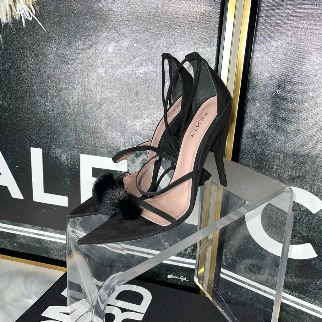 Fenty Scandal Lace Up Black Suede Fur Sandal with Fur Detail and Pointy Toe Size 6 - Image 7