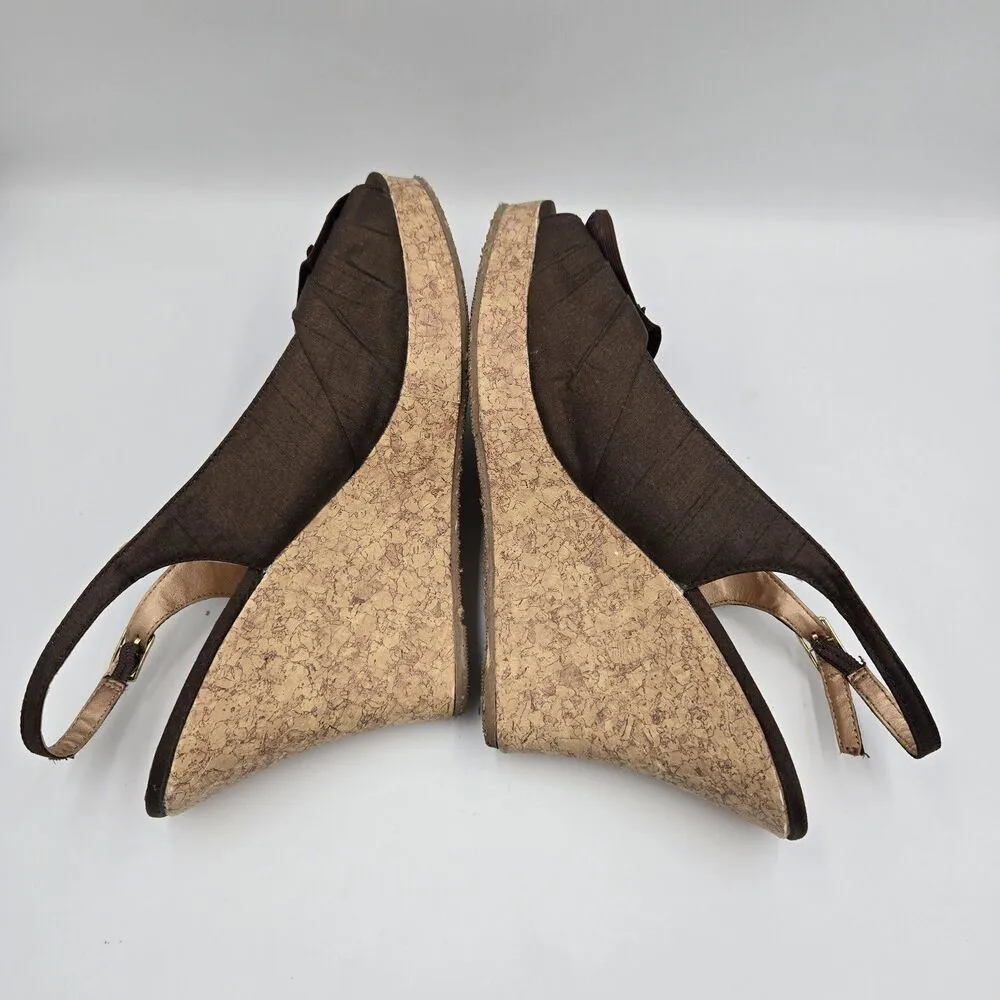 CL by Laundry 9.5 M Womens Brown Ilena Slingback Flower Bow Peep Toe Cork Wedges - Image 6