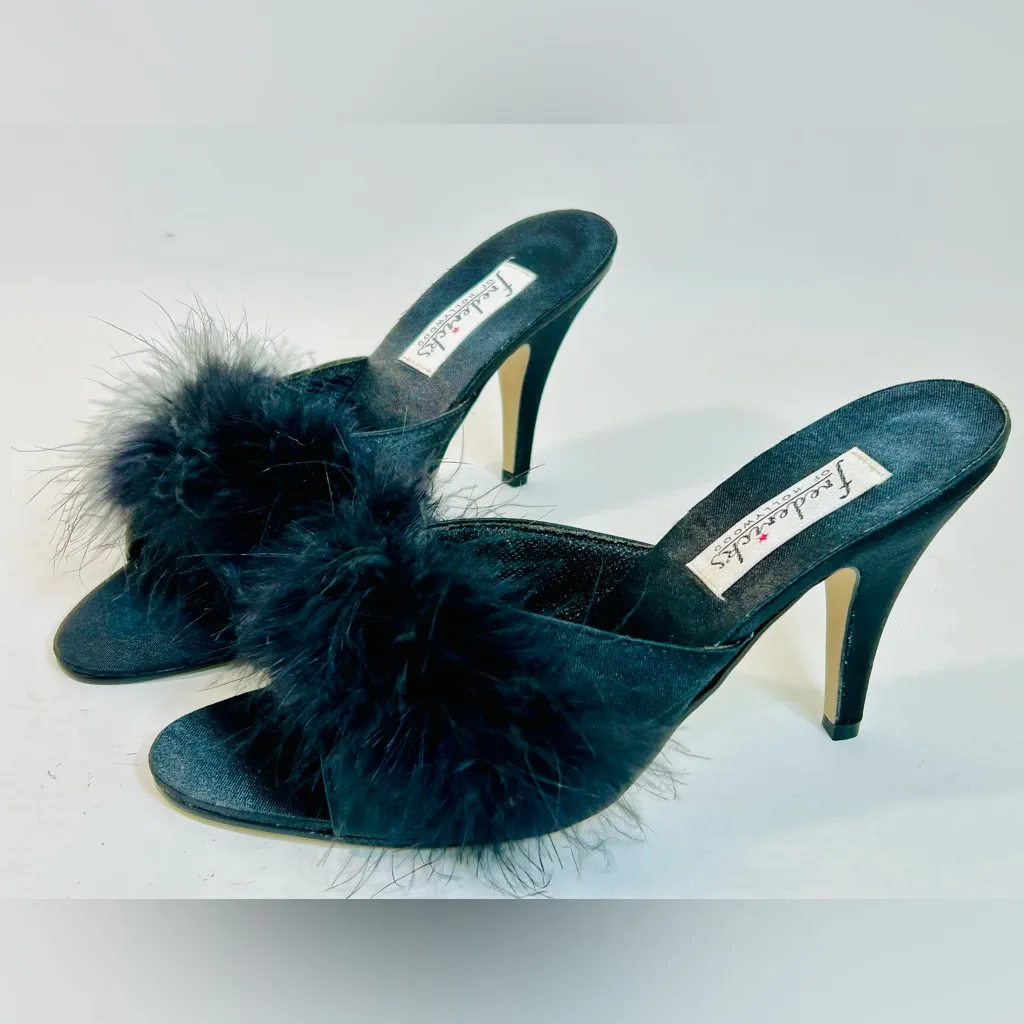 Vintage Frederick’s of Hollywood Black Maribou Feather and Silk Heels 4” size 8 - Image 2
