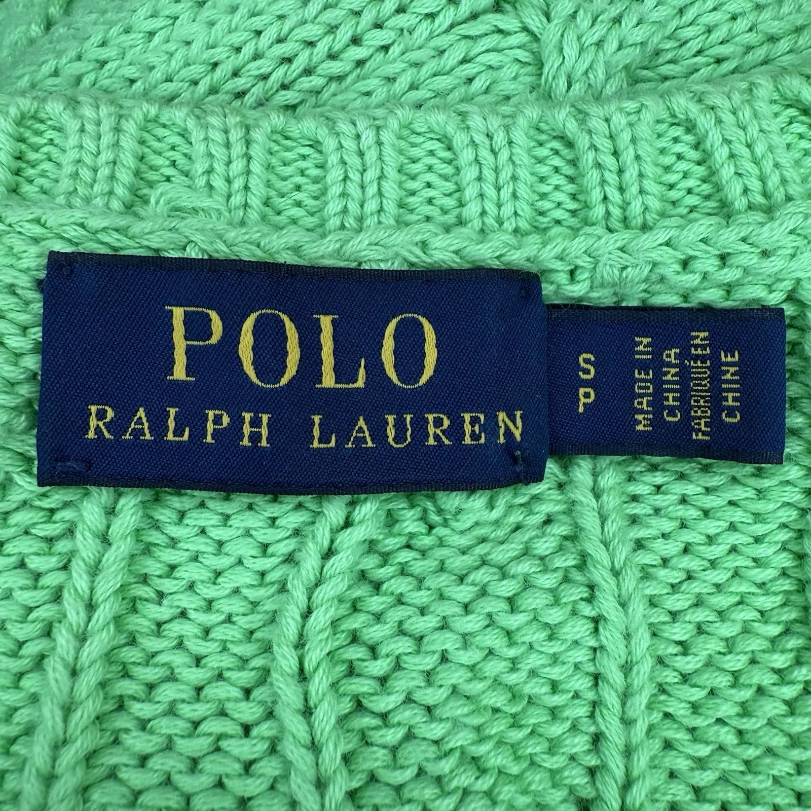 Polo Ralph Lauren S 100% Cotton Cable Knit V-Neck Sweater Kelly Green Pony Logo - Image 5