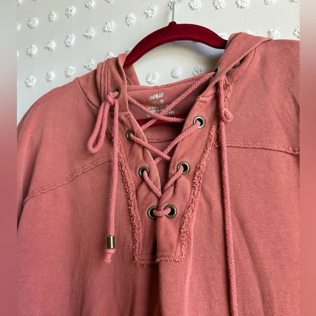 Aerie Lace Up Oversized Hooded Long Sleeve Sweatshirt Sz XS‎ Rust Red - Image 3