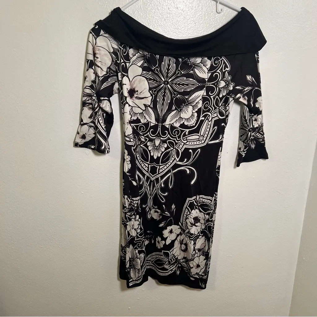 White House Black Market Off Shoulder Mini Tunic Dress Black Floral S - Image 5