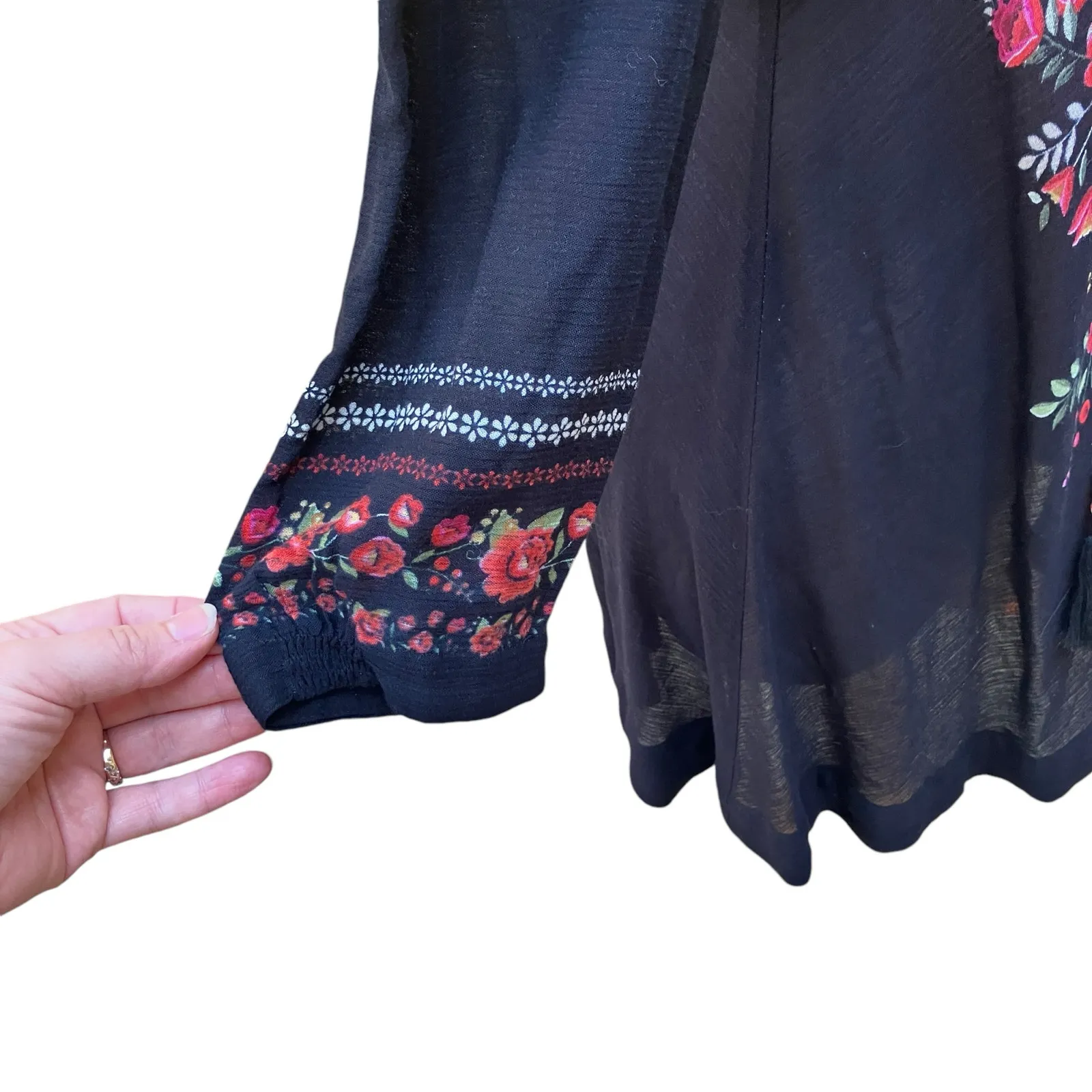 V. Cristina Mini Dress Sz Sm Black Floral Boho 3/4 Sleeve Whimsygoth Festival - Image 9