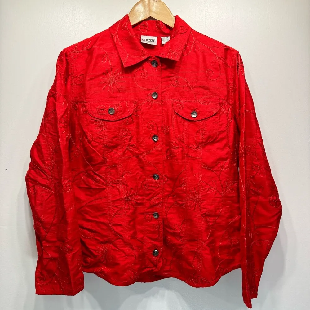 Chico’s Red 100% Silk Alicia Shirt Jacket Button Front w Embroidered Flowers 1/M - Image 3