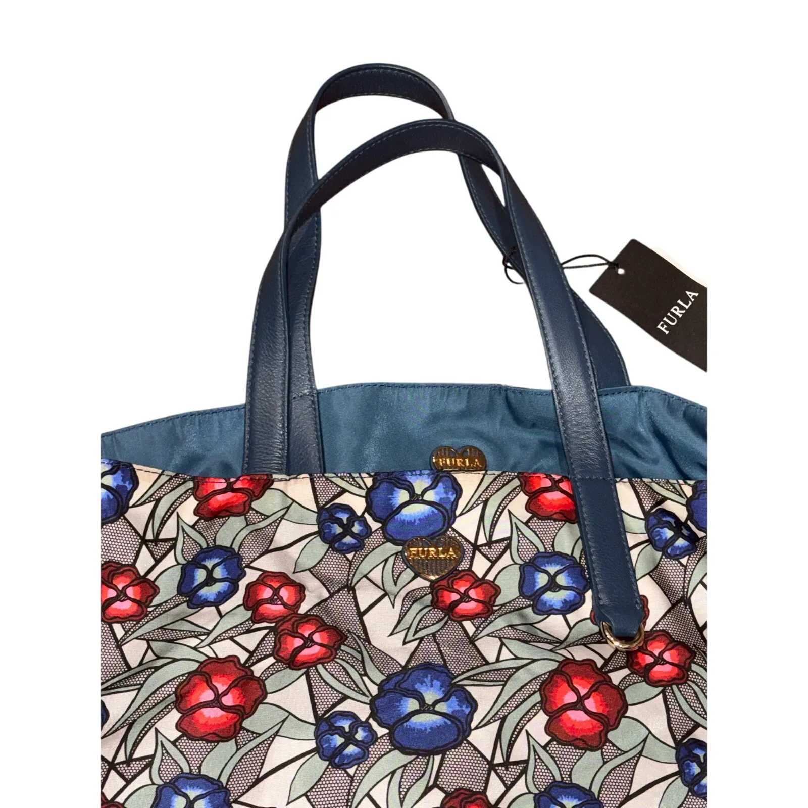 NWT Furla Toni Marmo Floral Tote Italian Designer Canvas/Leather w/ Pouch - Image 9