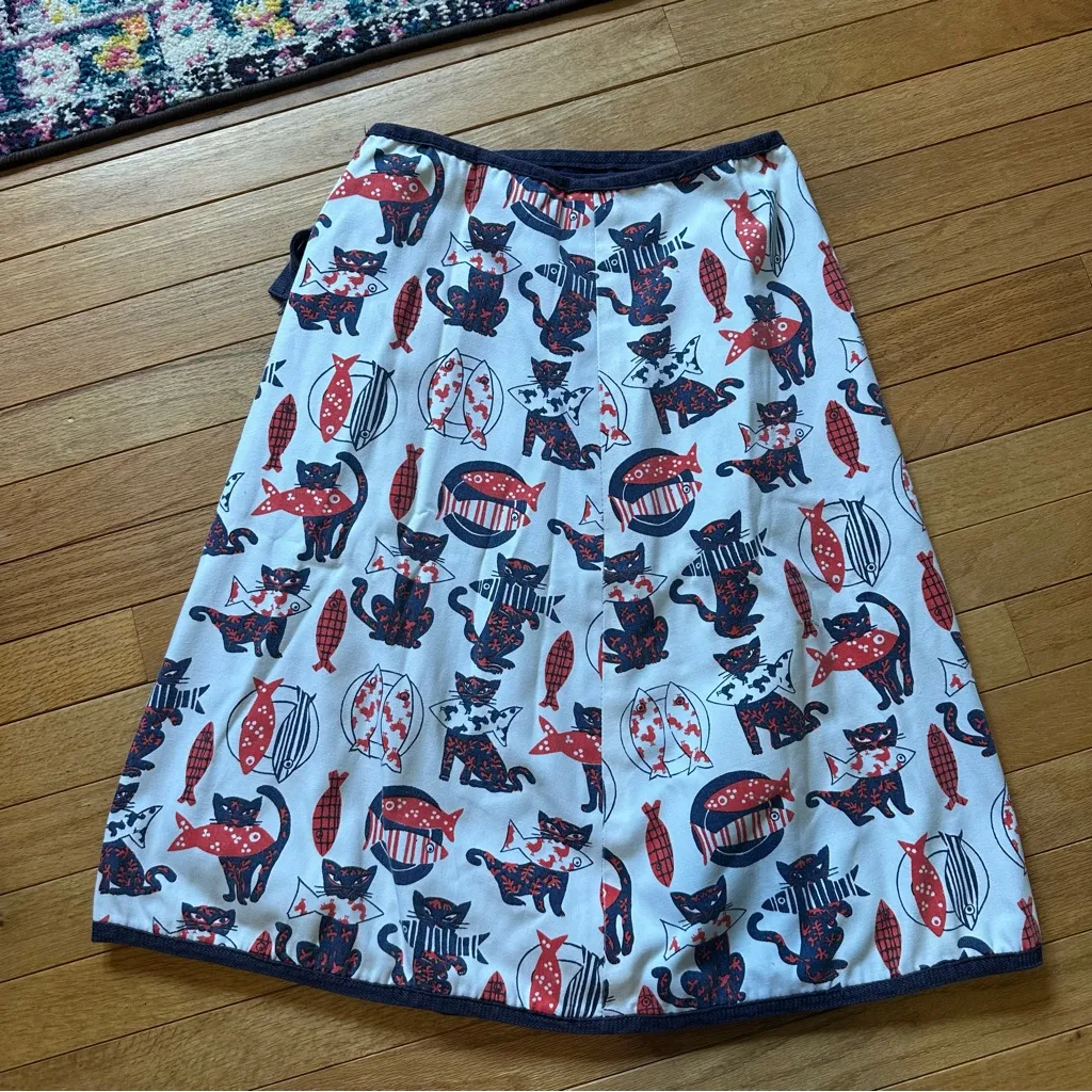 Vintage Novelty Fish Cat Print Adjustable Wrap Skirt Womens Navy Red White - Image 6