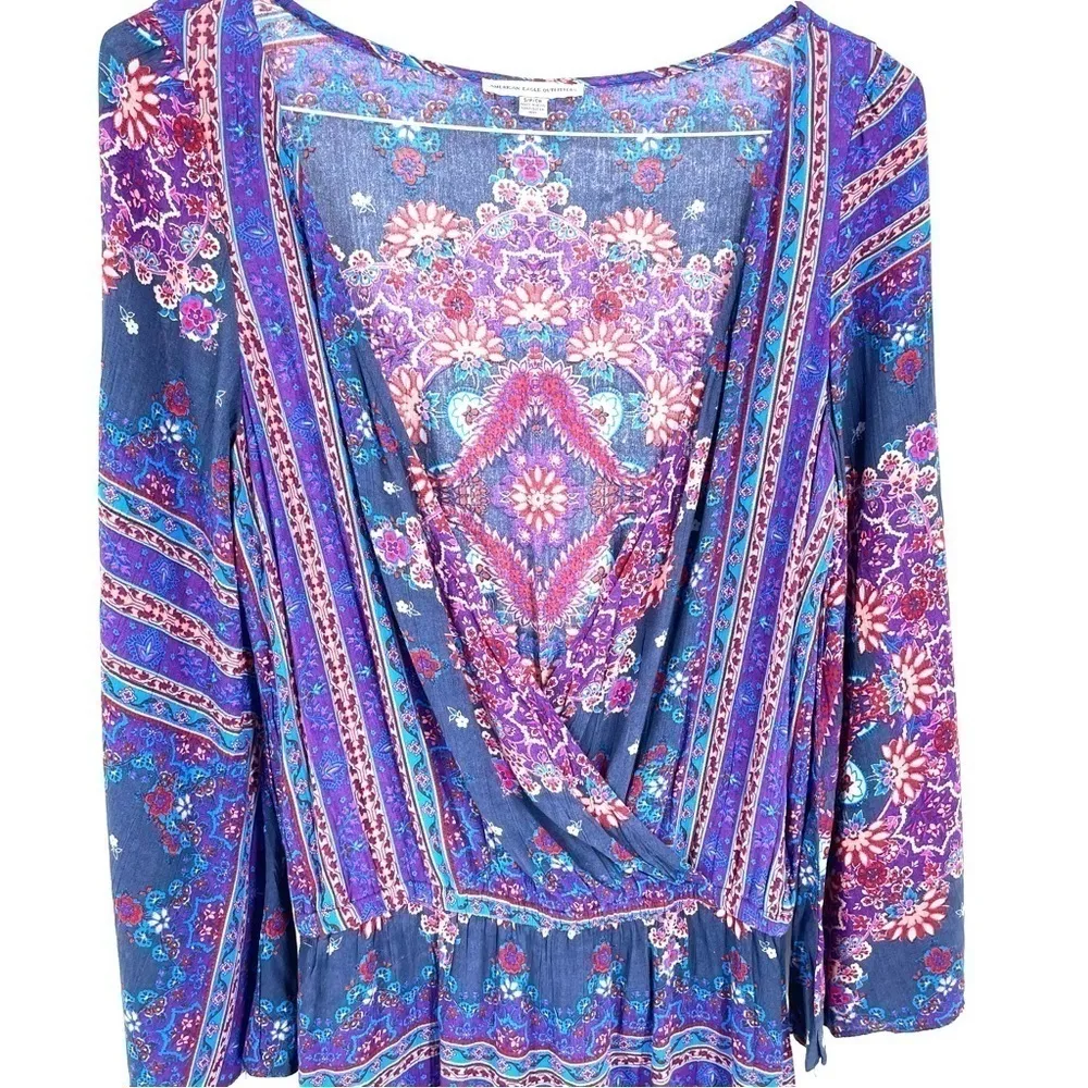 American Eagle Outfitters AEO Multi Print Bell Sleeve VNeck Festival Boho Romper - Image 3