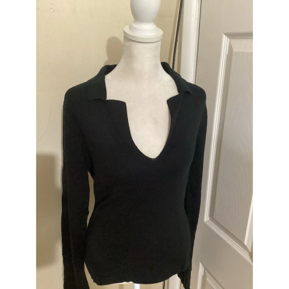 J. Crew Black Fitted Pullover Sweater in Tencel Lyocell Blend V-Neck L - Image 3