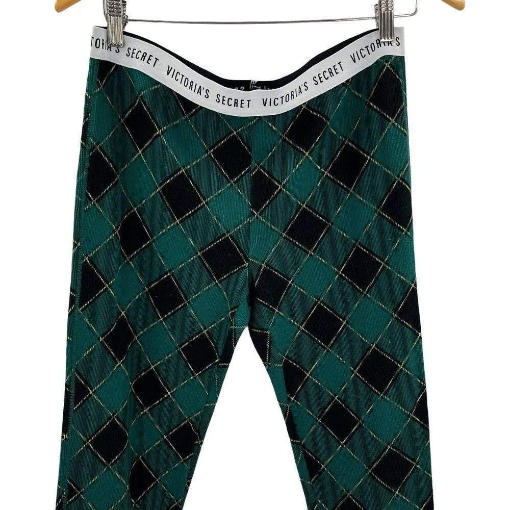 Victoria's Secret Plaid Green Gold Black Pajama Thermal Leggings Pants Medium - Image 3