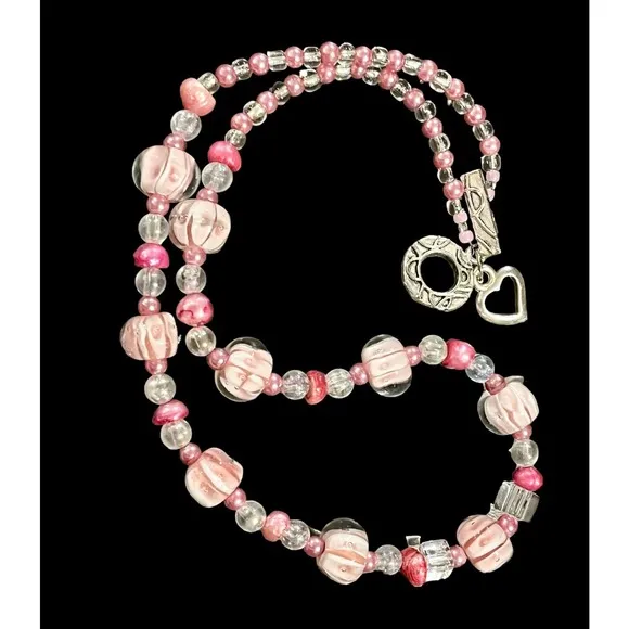 VTG Murano GLASS BEAD NECKLACE Pink Flower Clear Pearlescent Beaded Toggle Clasp - Image 2