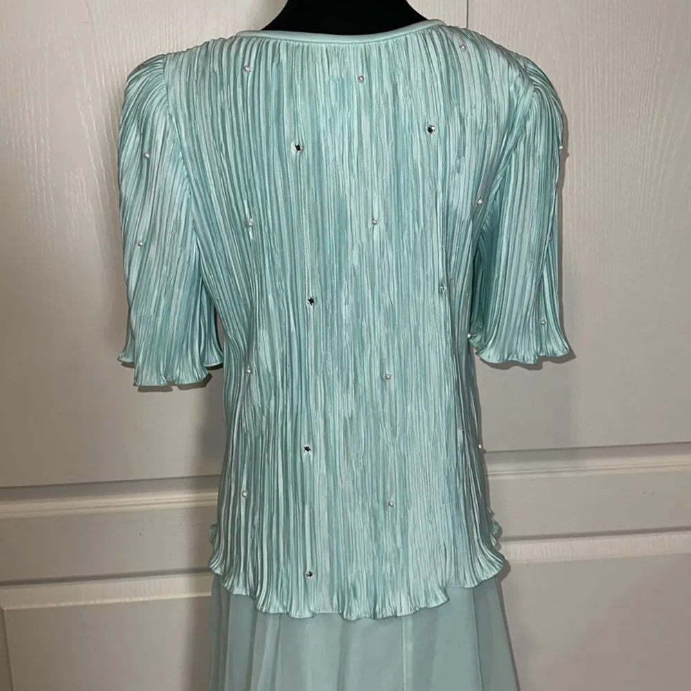 VTG TIFFANY BLUE PLEATED RHINESTONE DRESS - Image 3