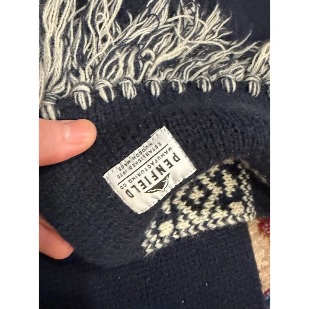 Penfield Navy Knit Fair Isle Nordic Fringe Scarf USA Made Winter Blue - Image 2