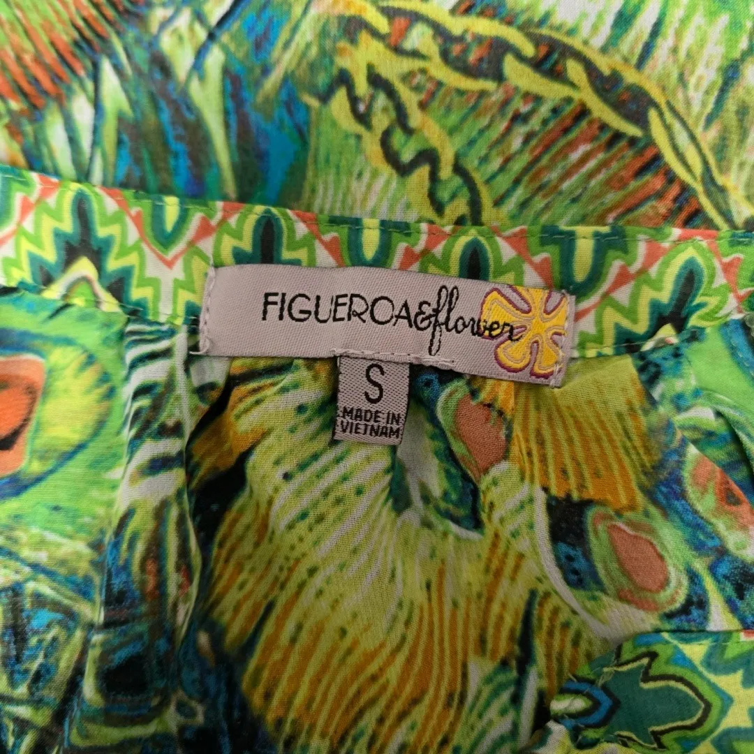 Figueroa Flower Blouse Small Peacock Print Bohemian Button Up Green Top - Image 6