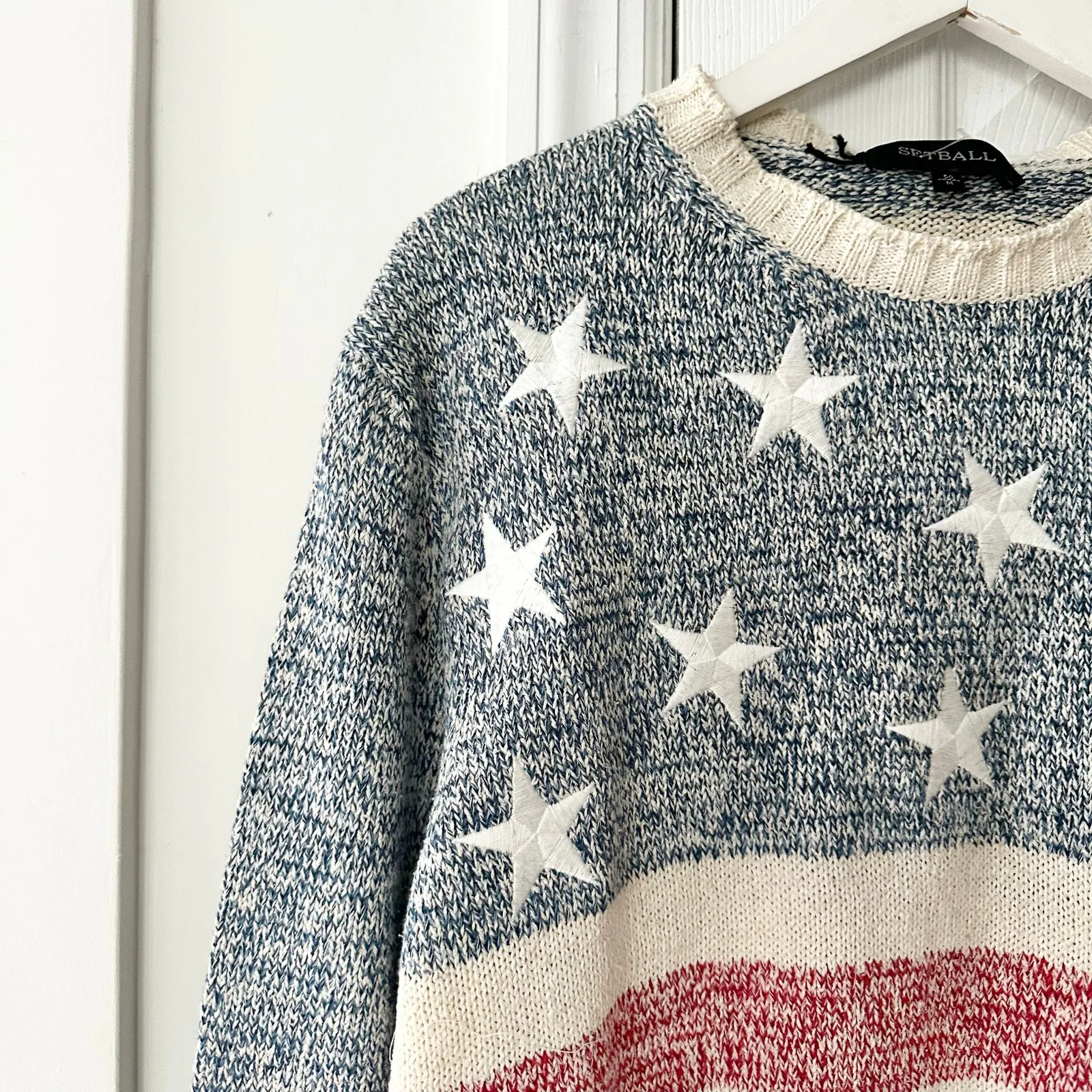 Setball Vintage NWT Silk Cotton American Flag Embroidered Stars Sweater IT 50 M White Size M - Image 3
