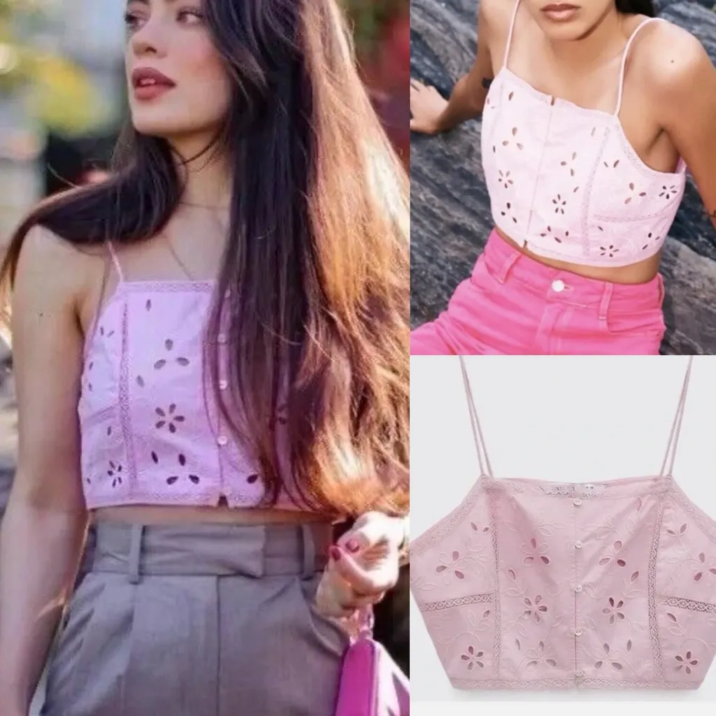 NWT Zara Pink Eyelet Crop cropped Top button front blogger fave m cut out Size M - Image 2