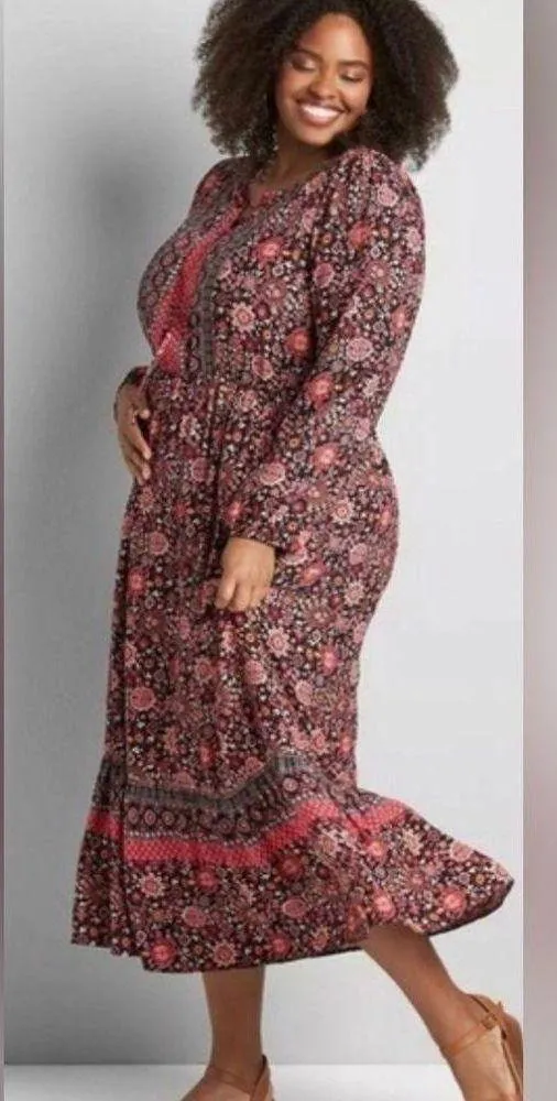 Lane Bryant Lace-Up Neck Boho Prairie Midi Dress plus size 14 floral pink NWT - Image 4