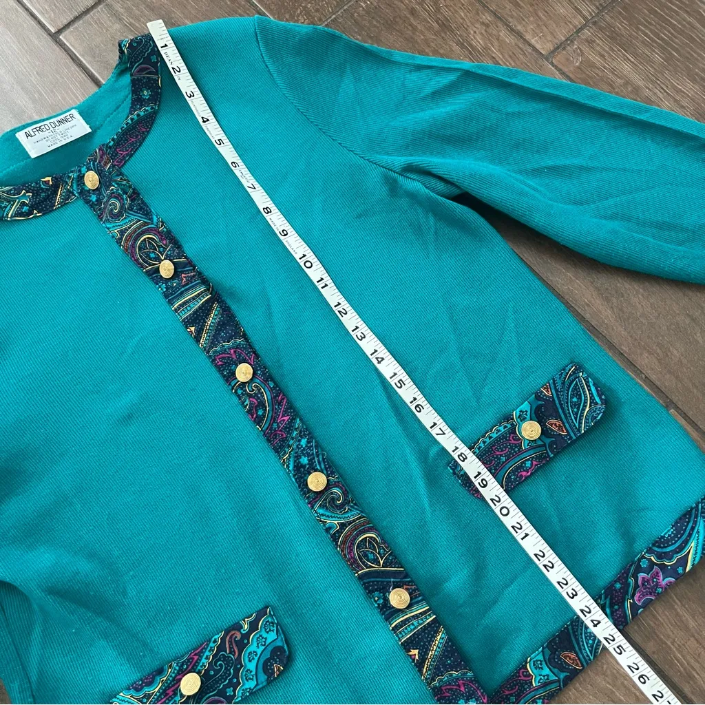 Alfred Dunner Vintage Teal Cardigan Sweater with Paisley Trim sz 12 Green - Image 4