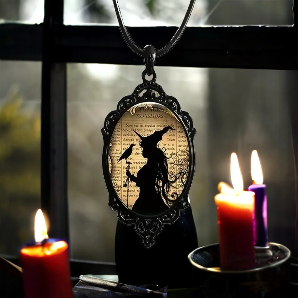 Witch And Raven Cameo Black Pendant, Vintage Style Gothic Crow Glass‎ Pedant - Image 7