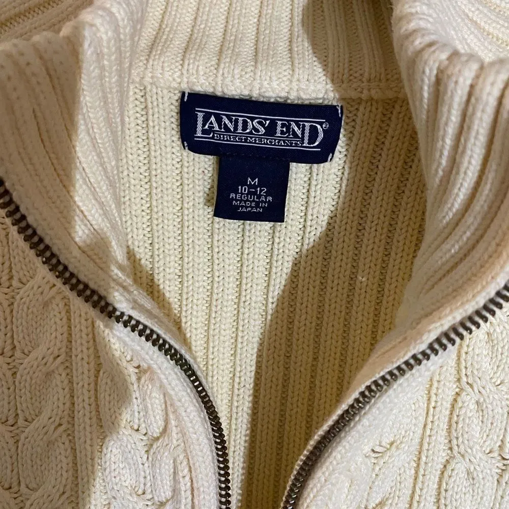 Lands' End Zip Cardigan Ribbed Cable Knit Natural Medium - Image 5