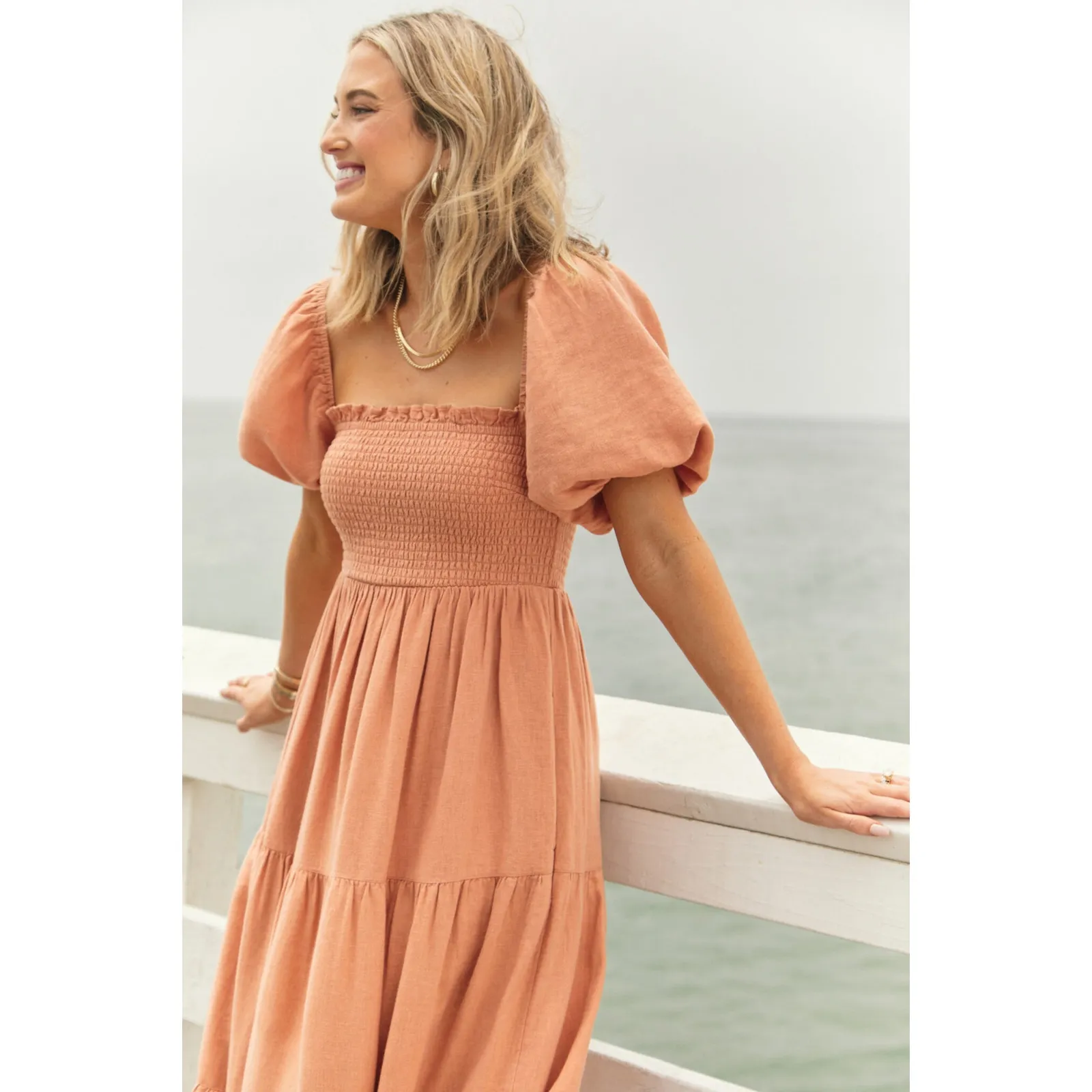 Abercrombie & Fitch Flowy Linen Blend Midi Dress Light Rust Orange With Pockets - Image 2