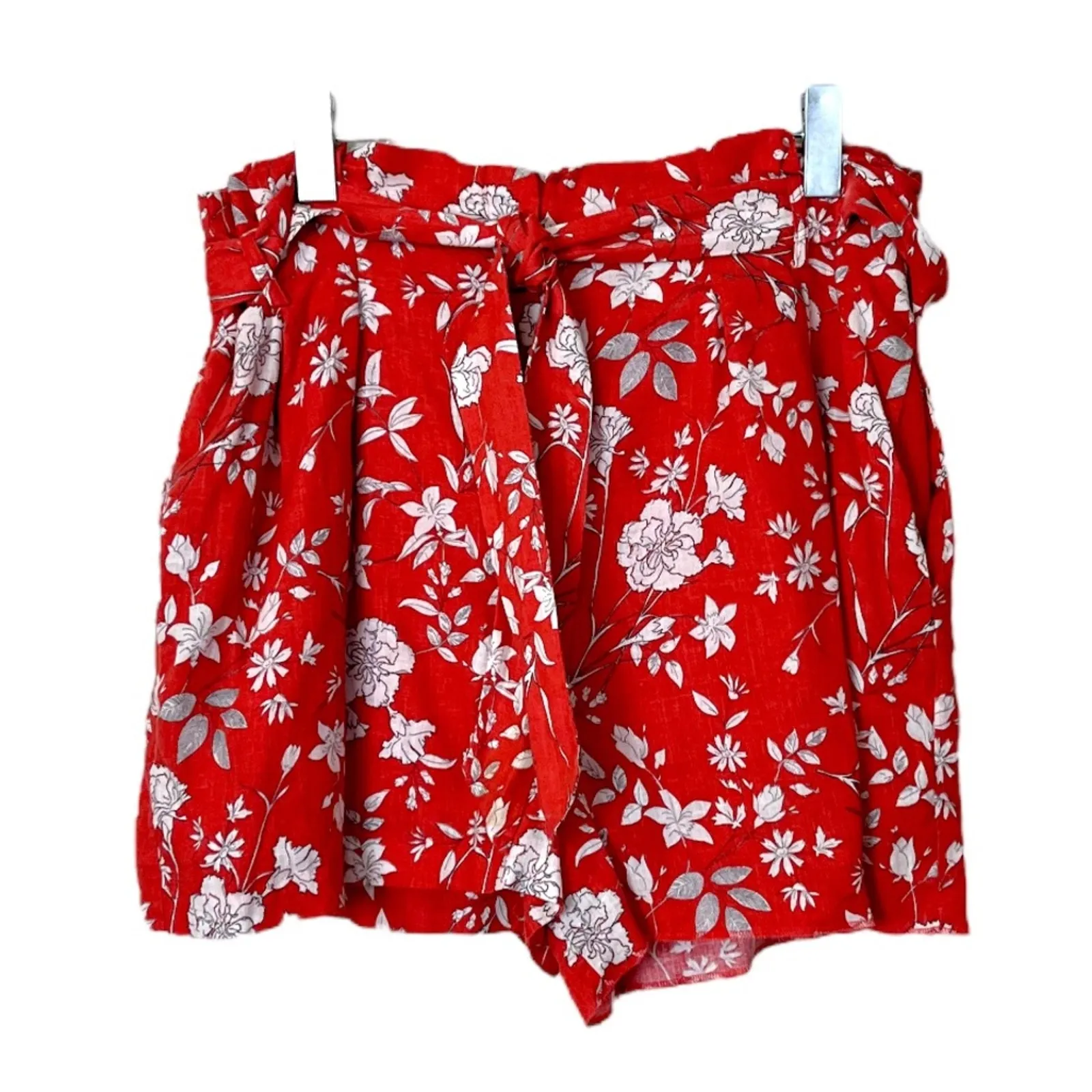 Gianni Bini Shorts Soft Linen Blend Tie Waist Pockets Coral Floral Women’s 12 - Image 8