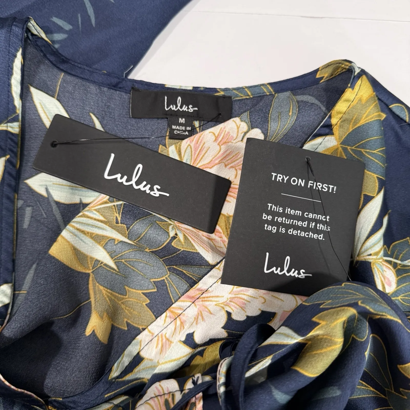 NWT Lulus Love is Life Navy Blue Floral Satin Long Sleeve Wrap Dress MEDIUM - Image 13