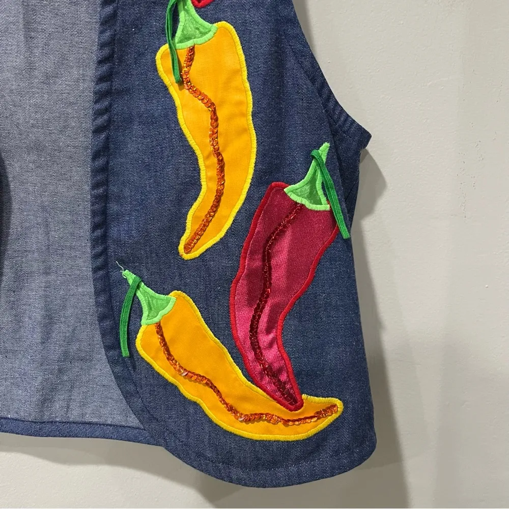 Southern Stitches Vest Blue Jean Denim Stitched Chili Peppers Unique Small - Image 3