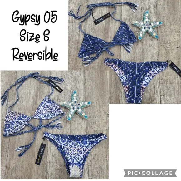 NEW! GYPSY 05 SAND Bikini Size S Small Racerback Top Cheeky Bottoms Blue Print - Image 2