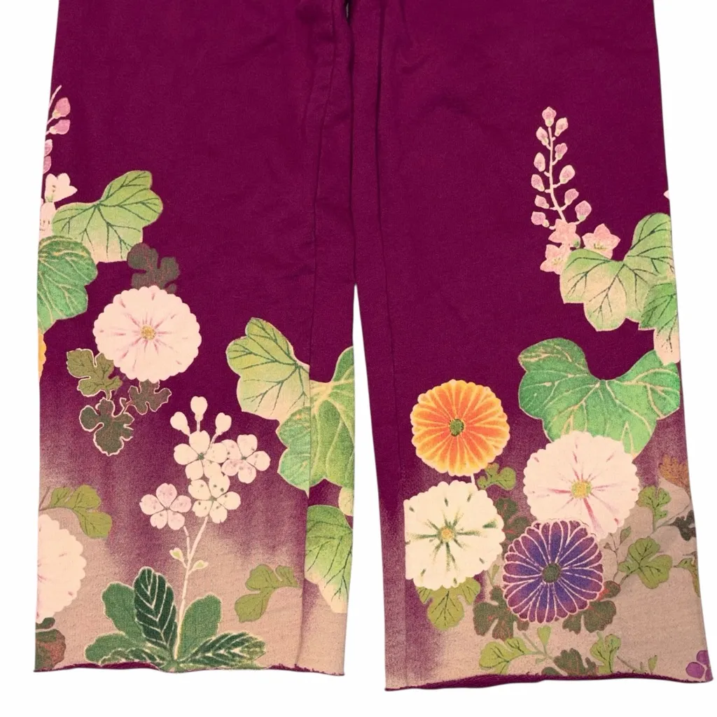 Vintage Lucky Brand Maroon Asian Floral Wide Leg Cropped Fleece Yoga Pants Small - Image 3